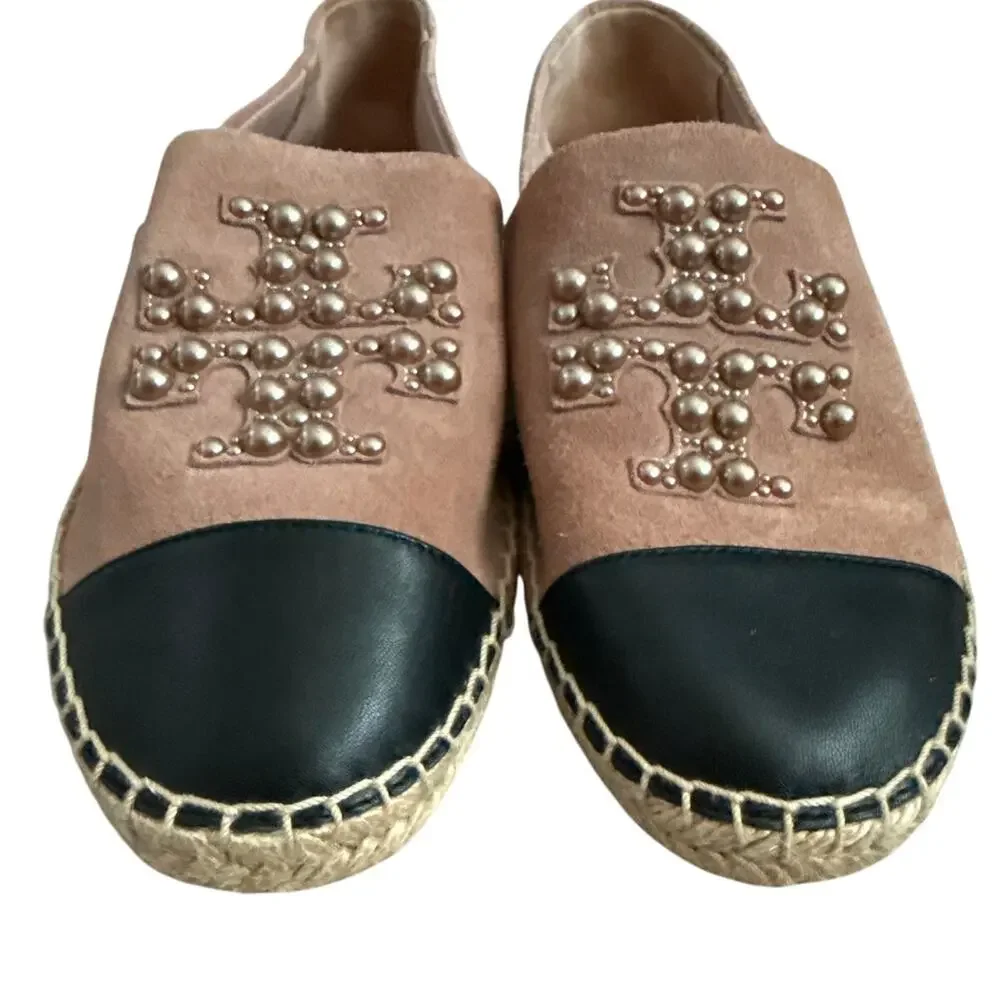 Tory Burch Pearl Logo Espadrille Flats Sensory  Suede Meadowsweet Size 10.5